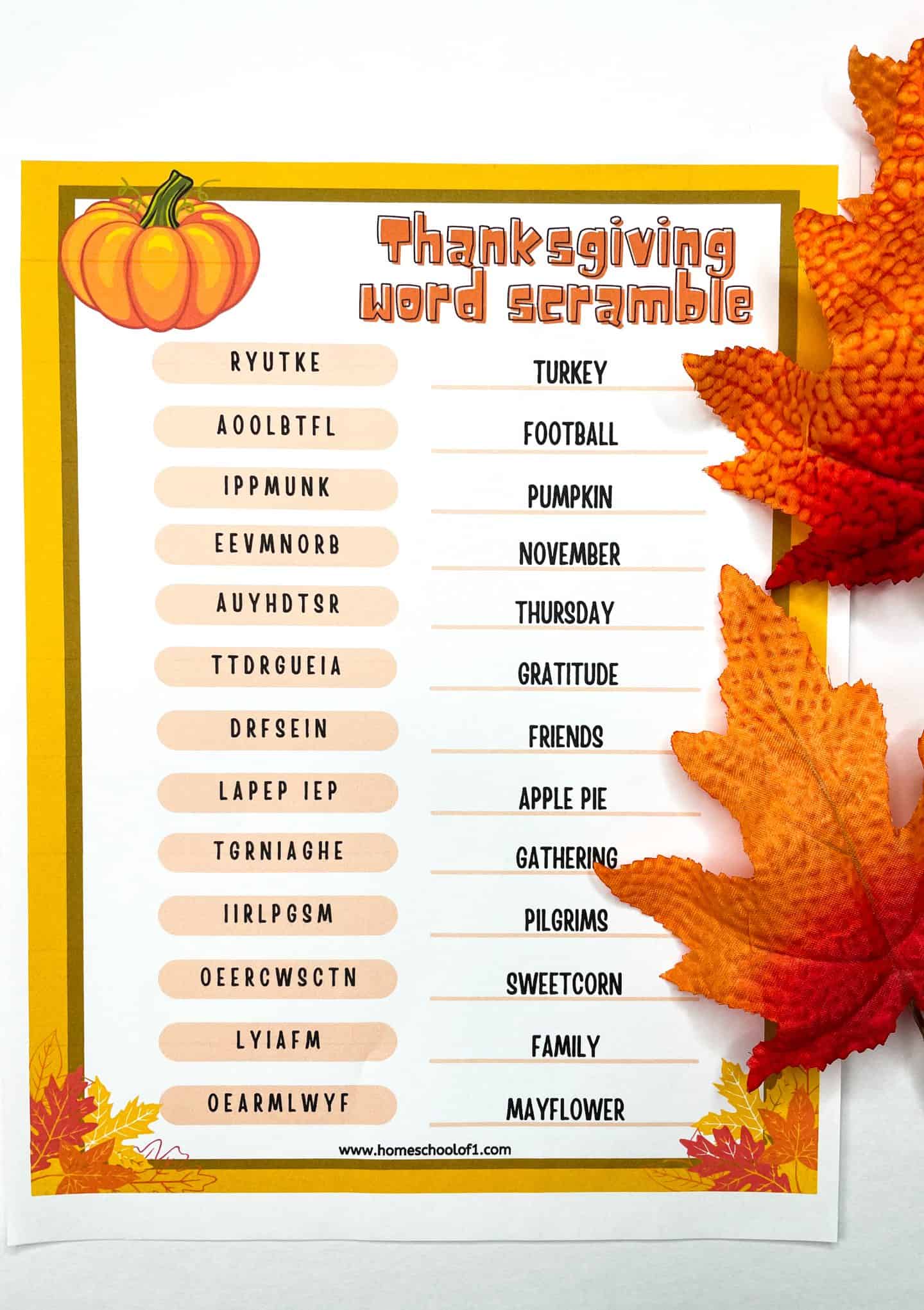 thanksgiving word scramble answers