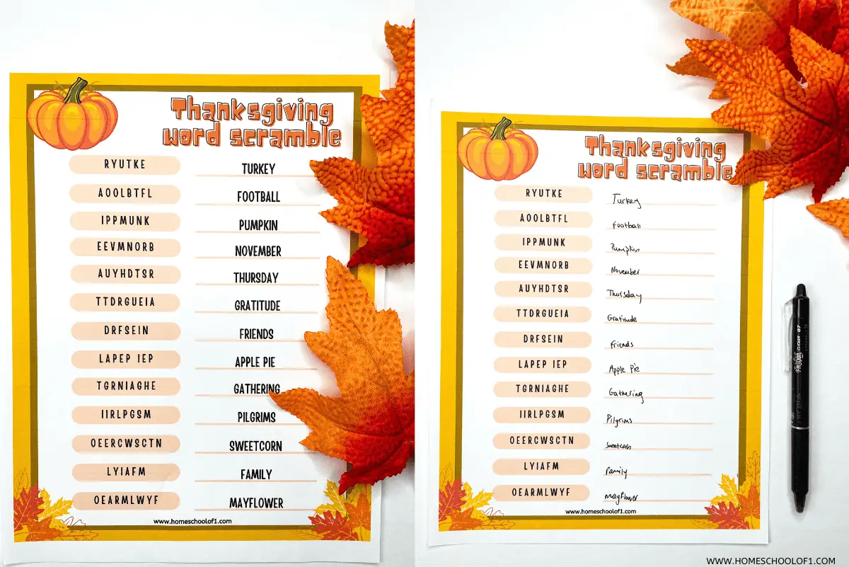 thanksgiving word scramble printable