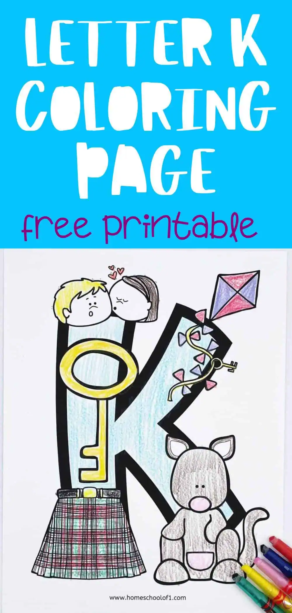 Coloring page featuring the letter 'K' with illustrations of a key, kite, kilt, and kangaroo. The top of the page has the text 'Letter K Coloring Page' and 'free printable' in bold, playful fonts.