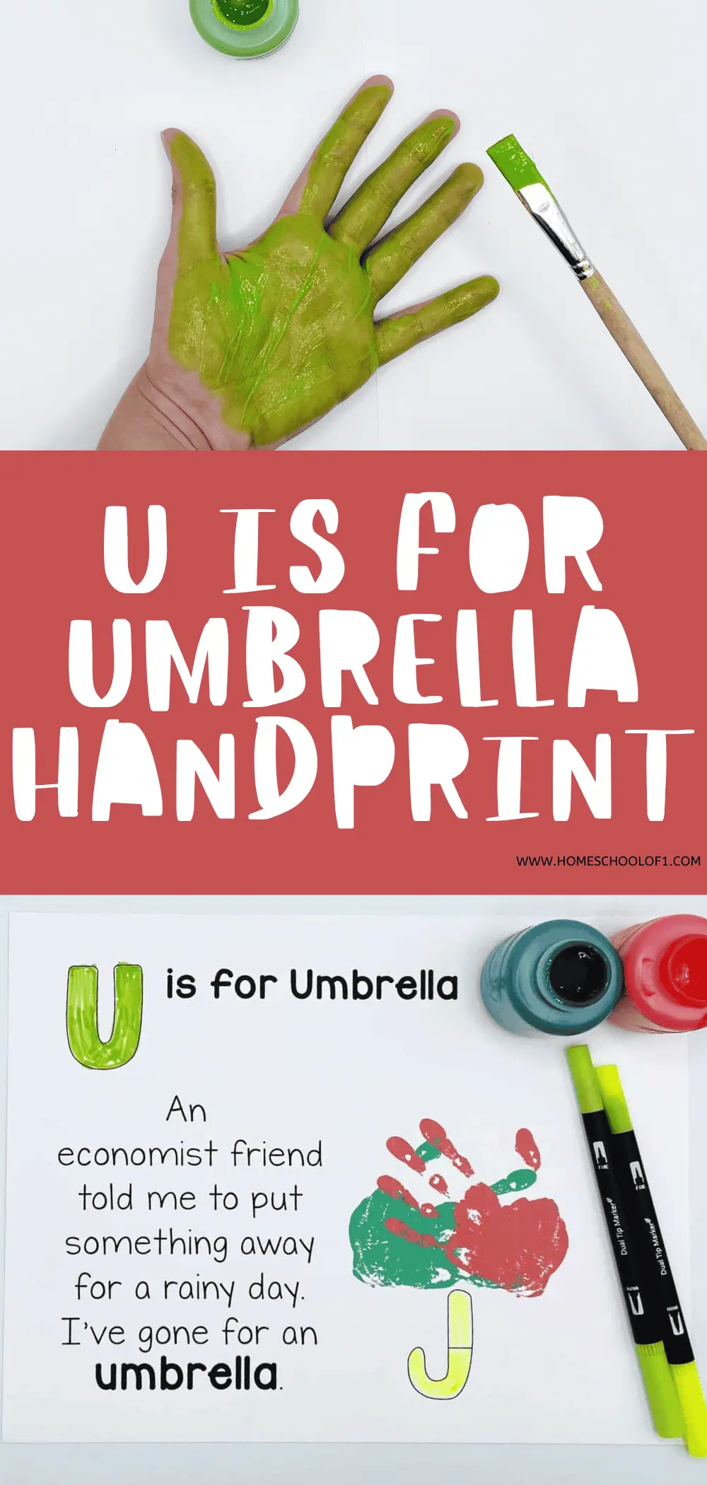 u is for umbrella handprint art showing a childs hand with green paint and a completed picture with u is for umbrella