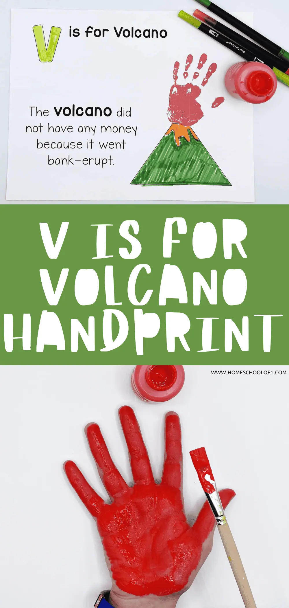 "Educational craft image featuring a child's red handprint representing a volcano eruption, with the caption 'V is for Volcano' and a pun 'The volcano did not have any money because it went bank—erupt.' Above is a drawn green letter 'V' and below is the text 'V IS FOR VOLCANO HANDPRINT'