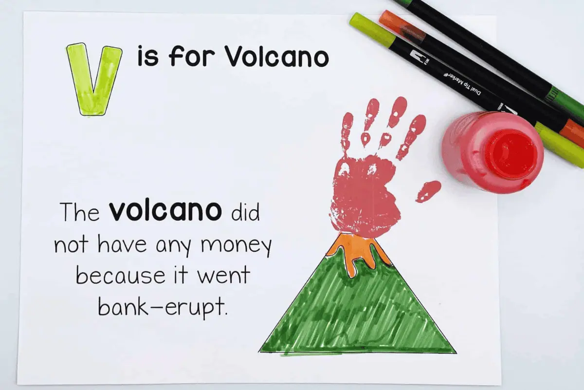 v is for volcano handprint art