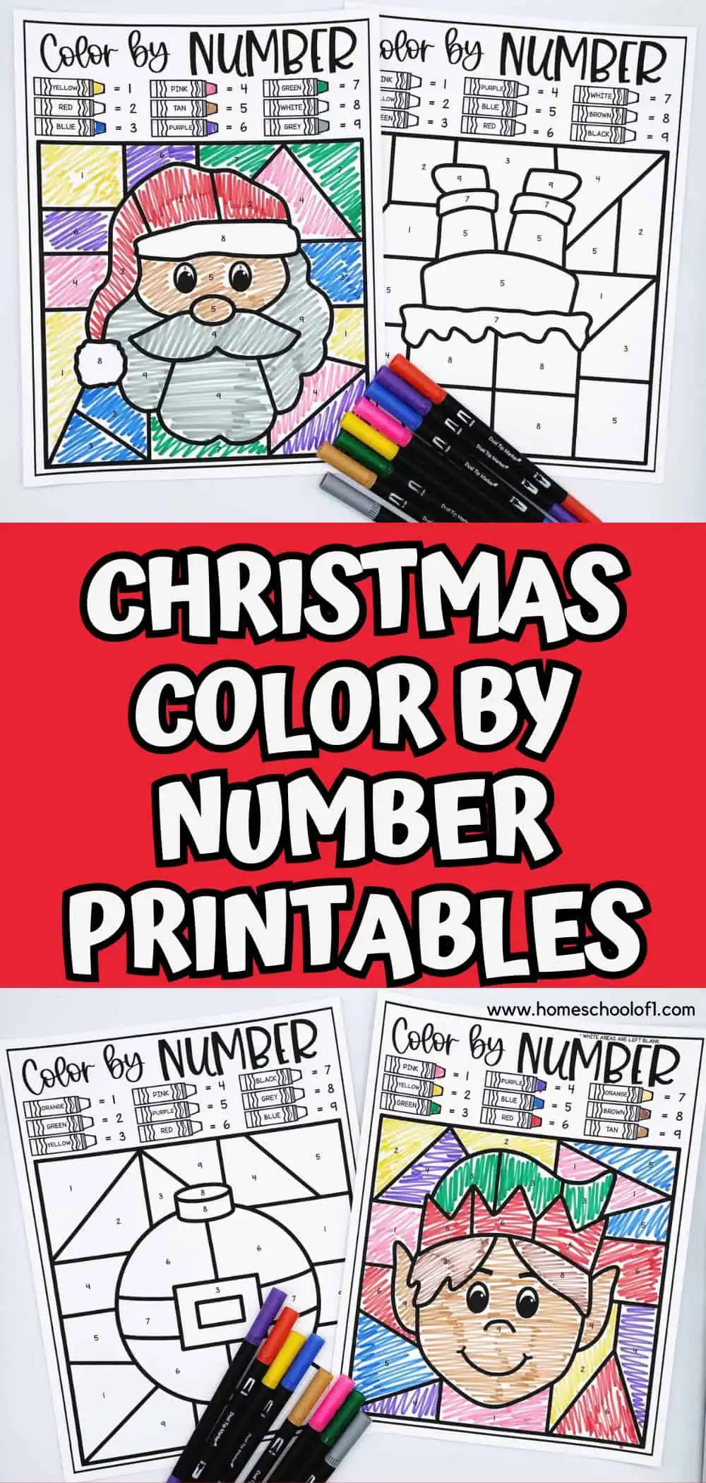 christmas color by number worksheets featuring a Santa colored in using 9 different colors, a black and white Santa stuck in the chimney, a black and white holiday ornament, and a colored in elf using 9 different colors/ 