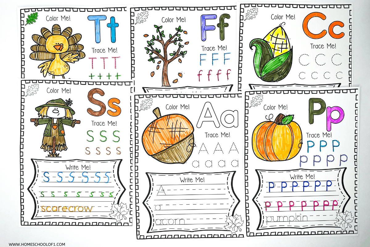 Free Fall Alphabet Worksheets (Color, Write & Trace)