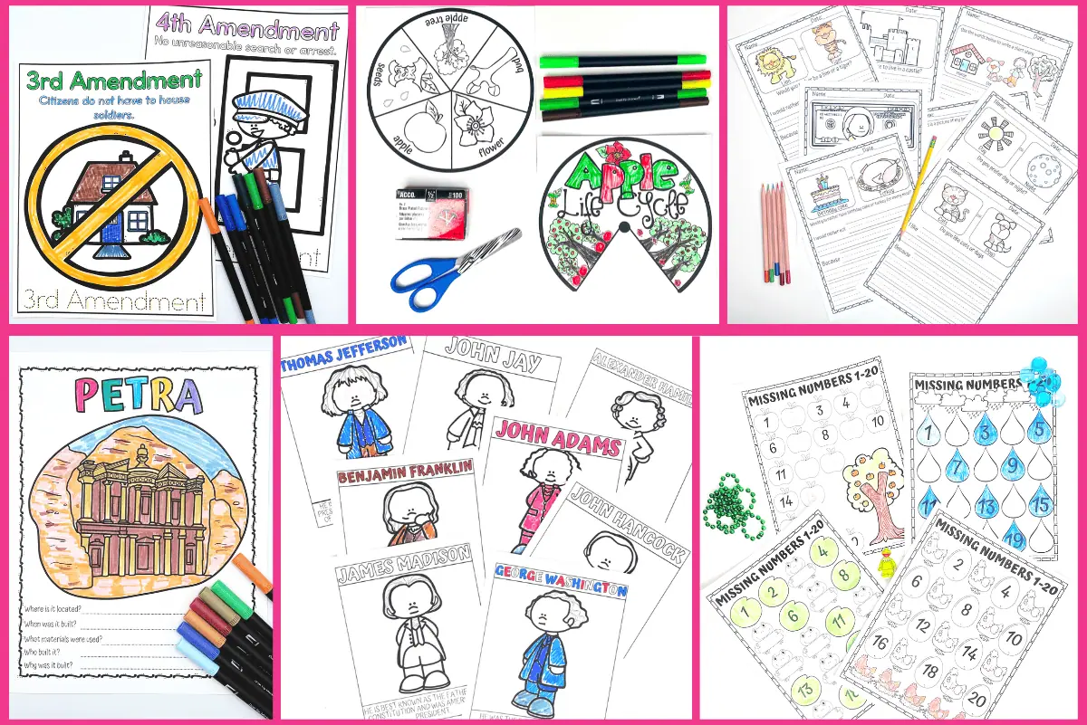 free homeschool printable worksheets featuring 6 different printables