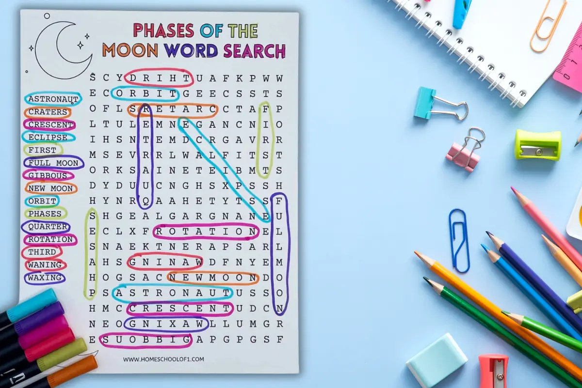 phases of the moon word search printable