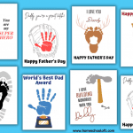 Assorted Father's Day handprint art templates including messages like 'My Dad Rocks!' with a handprint guitar, 'Daddy, you're a great catch!' with a handprint baseball glove, and other playful puns, ideal for personalizing Father's Day gifts.