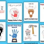 Assorted Father's Day handprint art templates including messages like 'My Dad Rocks!' with a handprint guitar, 'Daddy, you're a great catch!' with a handprint baseball glove, and other playful puns, ideal for personalizing Father's Day gifts.