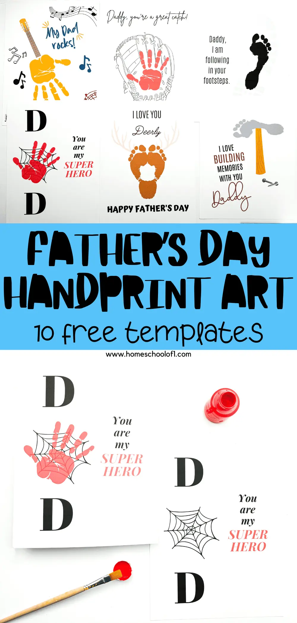 Collection of free printable Father's Day handprint art templates featuring heartwarming messages and handprint illustrations, such as 'I love you Deerly' with a handprint deer, 'Following in your footsteps' with a child's footprint, perfect for creating memorable Father's Day crafts.