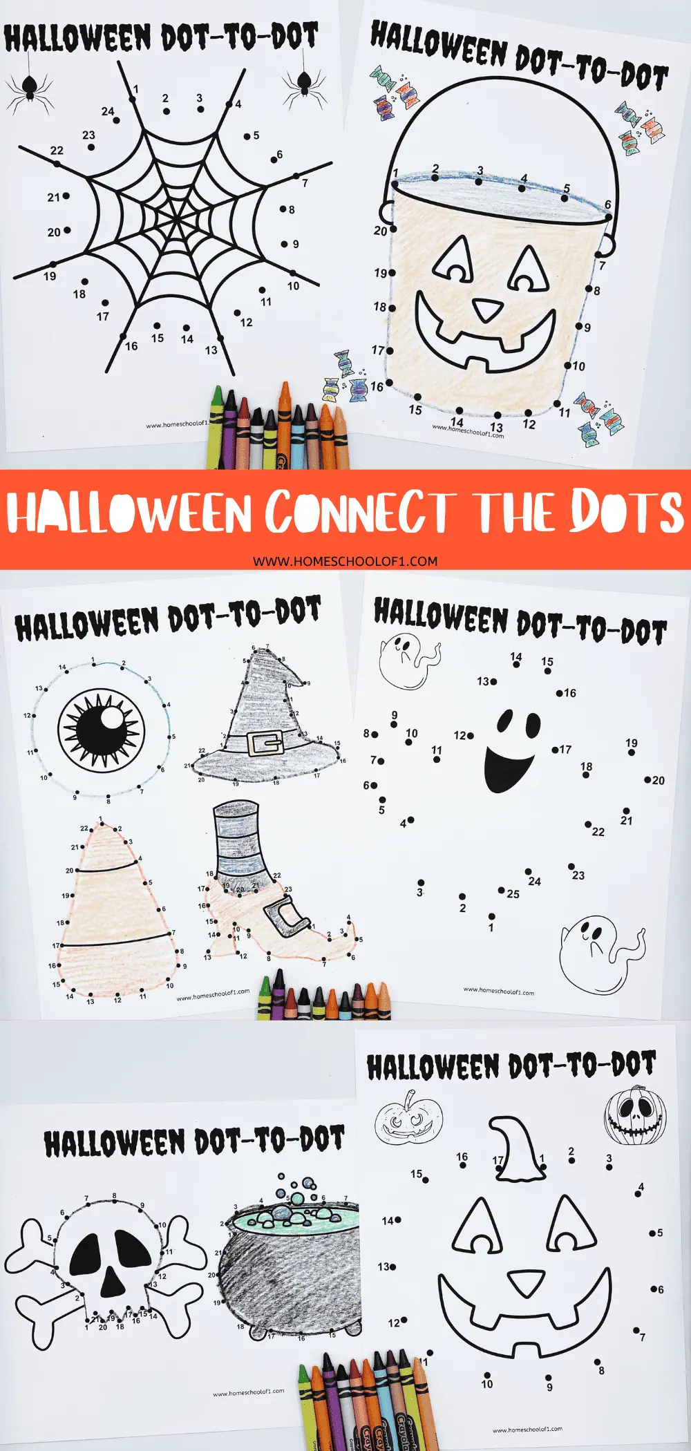 halloween connect the dots printables with a ghost, pumpkin, spider web dot to dots