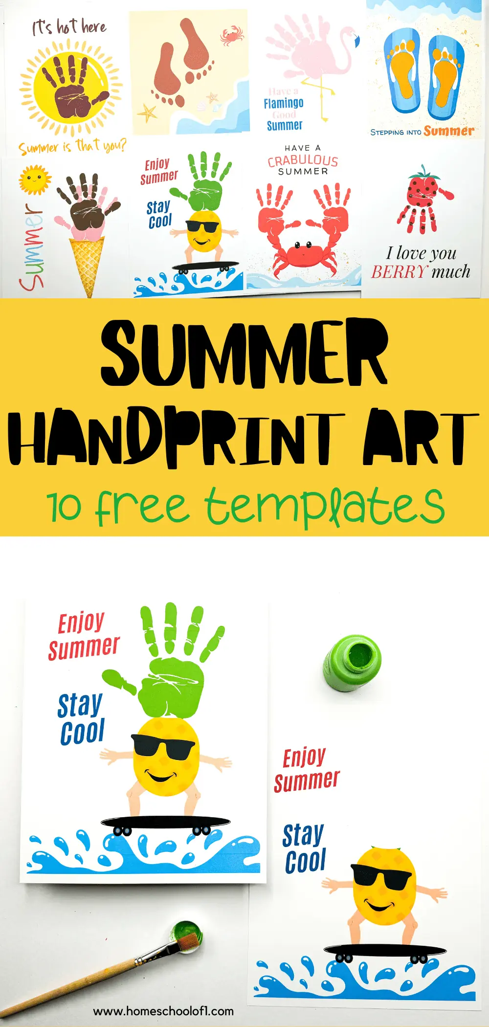 Ten free templates for summer-themed handprint art, suitable for toddlers. The templates are illustrated with handprints turned into images like a sun, ice cream, a surfer, and a crab, each accompanied by catchy phrases celebrating summer. These templates provide a fun, hands-on way for children to create memorable summer crafts.