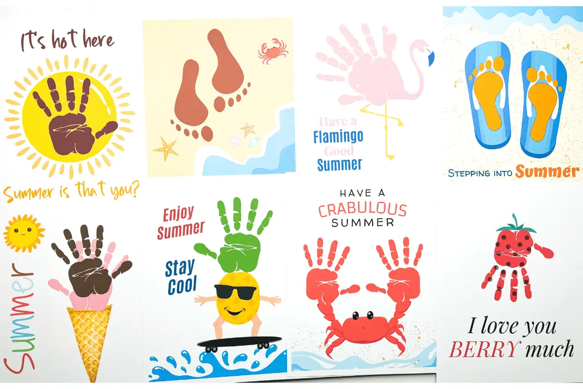 A vibrant collection of summer-themed handprint art featuring playful phrases like 'It's hot here' with a sun and handprint illustration, 'Have a flamingo good summer,' and 'Stepping into summer' with handprint flip-flops. The crafts include handprints transformed into various summer icons, such as ice cream, a sun, and sea creatures, engaging children in creative seasonal activities.