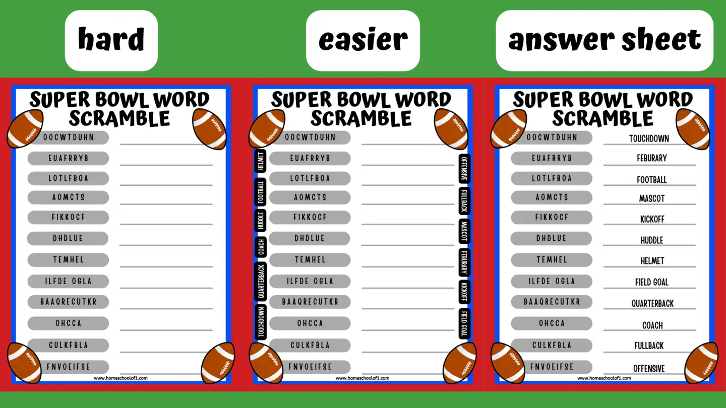 Free Printable Super Bowl Word Scramble Game