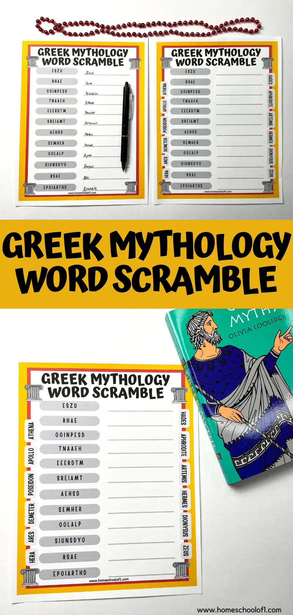 greek mythology word scarmble worksheets