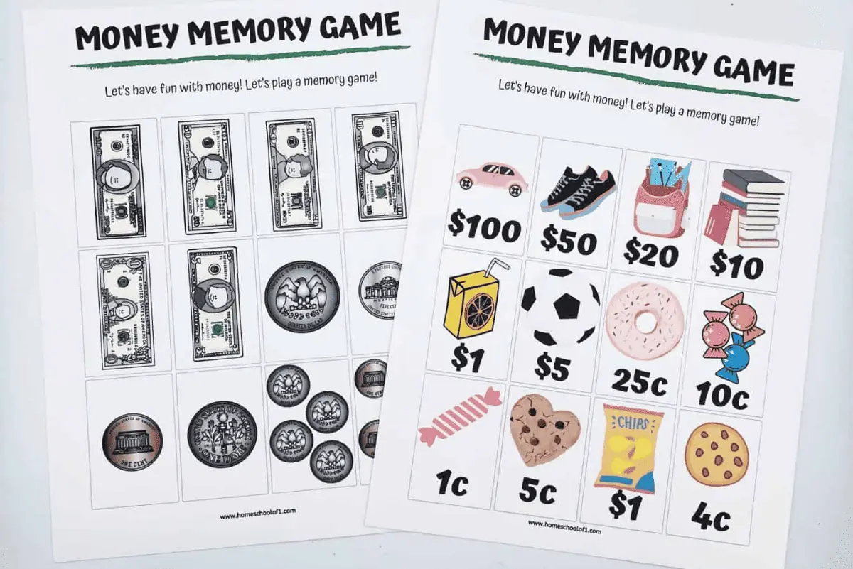 free money memory game printable