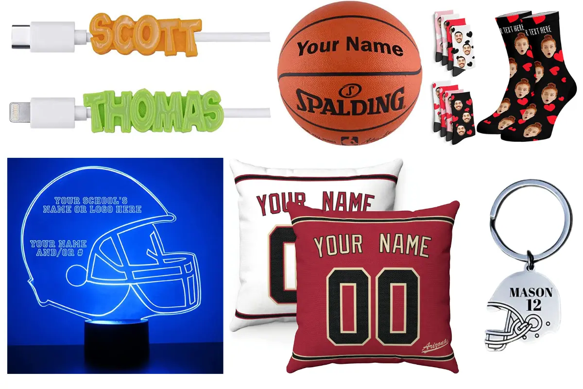 personalized gifts for teens featuring a basketball, a cushion, socks, and lights