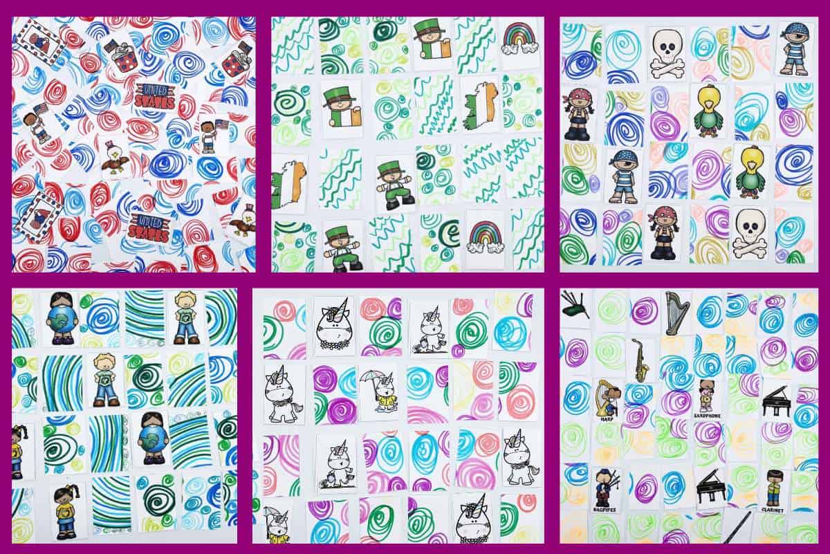 Collage of free memory game printables featuring various themed cards, including United States, St. Patrick's Day, pirates, Earth Day, unicorns, and musical instruments, against a colorful swirly background.