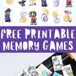 Two sets of free memory game printables: the top section features Halloween-themed cards with witches, skeletons, and monsters, while the bottom section shows unicorn-themed cards being cut out, offering fun and educational printable memory games.