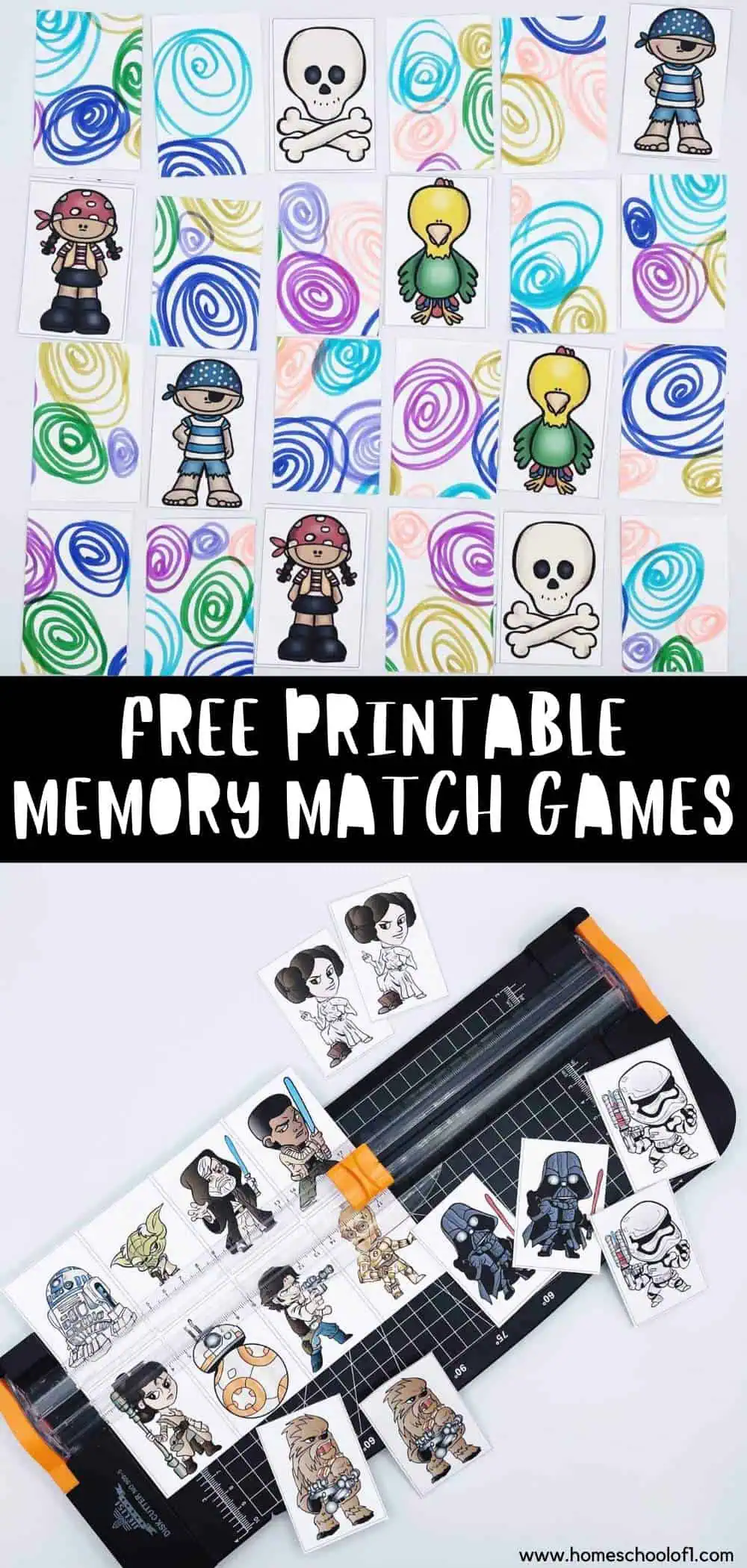 Two sets of free memory game printables: the top section features pirate-themed cards with swirly backgrounds, while the bottom section shows Star Wars-themed cards being cut out, illustrating fun and engaging printable memory match games.