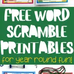 A combination of word scramble printables, highlighting Day of the Dead and Back to School themes. The text "Free Word Scramble Printables for Year Round Fun!" is prominently displayed in the center, surrounded by colorful beads and timers. ?