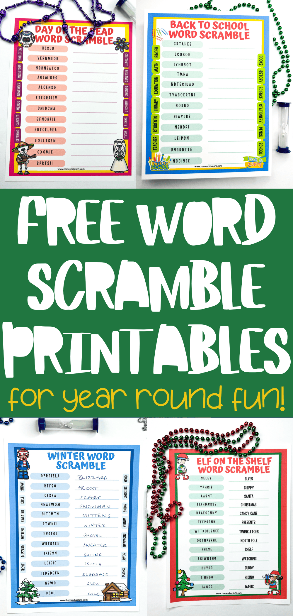 A combination of word scramble printables, highlighting Day of the Dead and Back to School themes. The text 