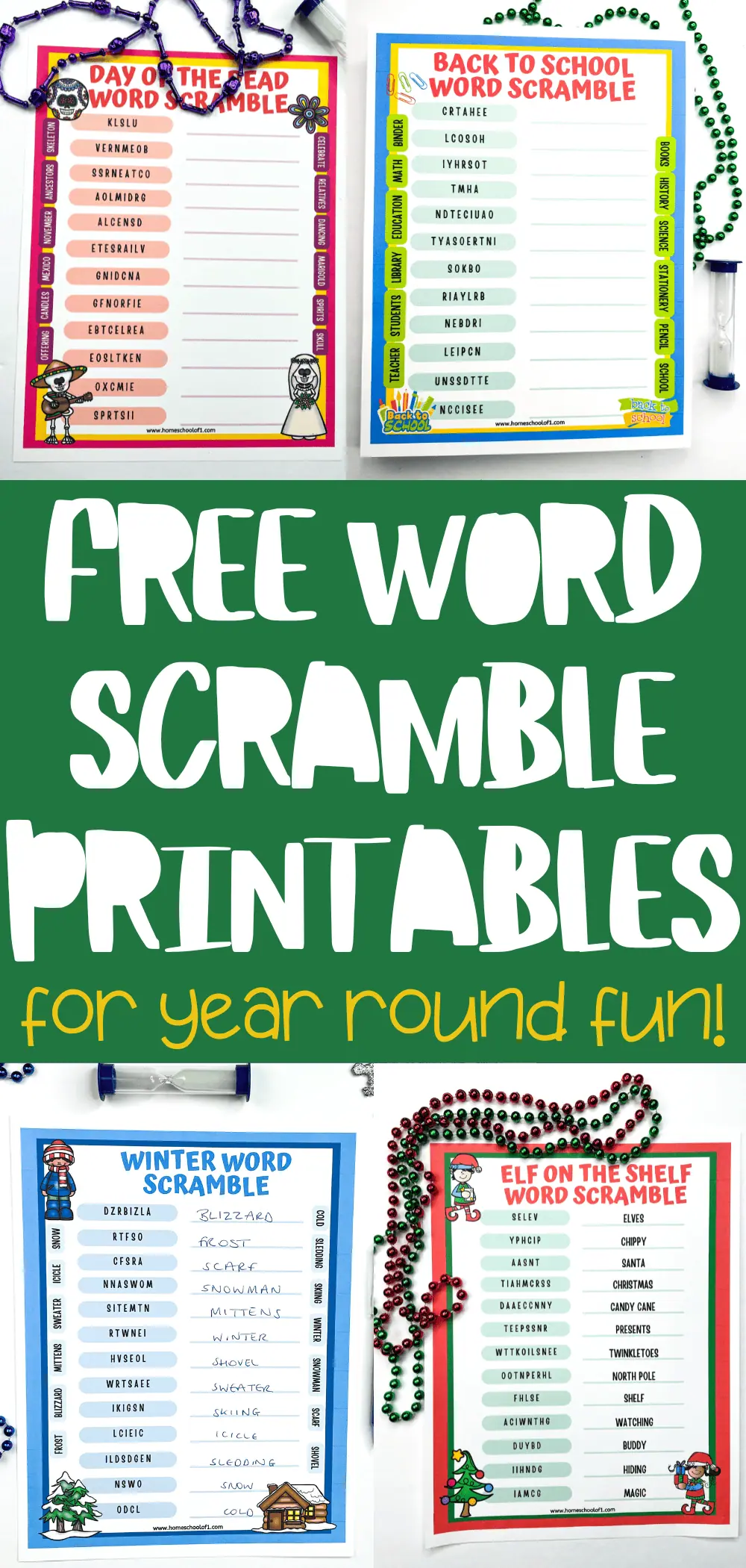 A combination of word scramble printables, highlighting Day of the Dead and Back to School themes. The text "Free Word Scramble Printables for Year Round Fun!" is prominently displayed in the center, surrounded by colorful beads and timers. ?