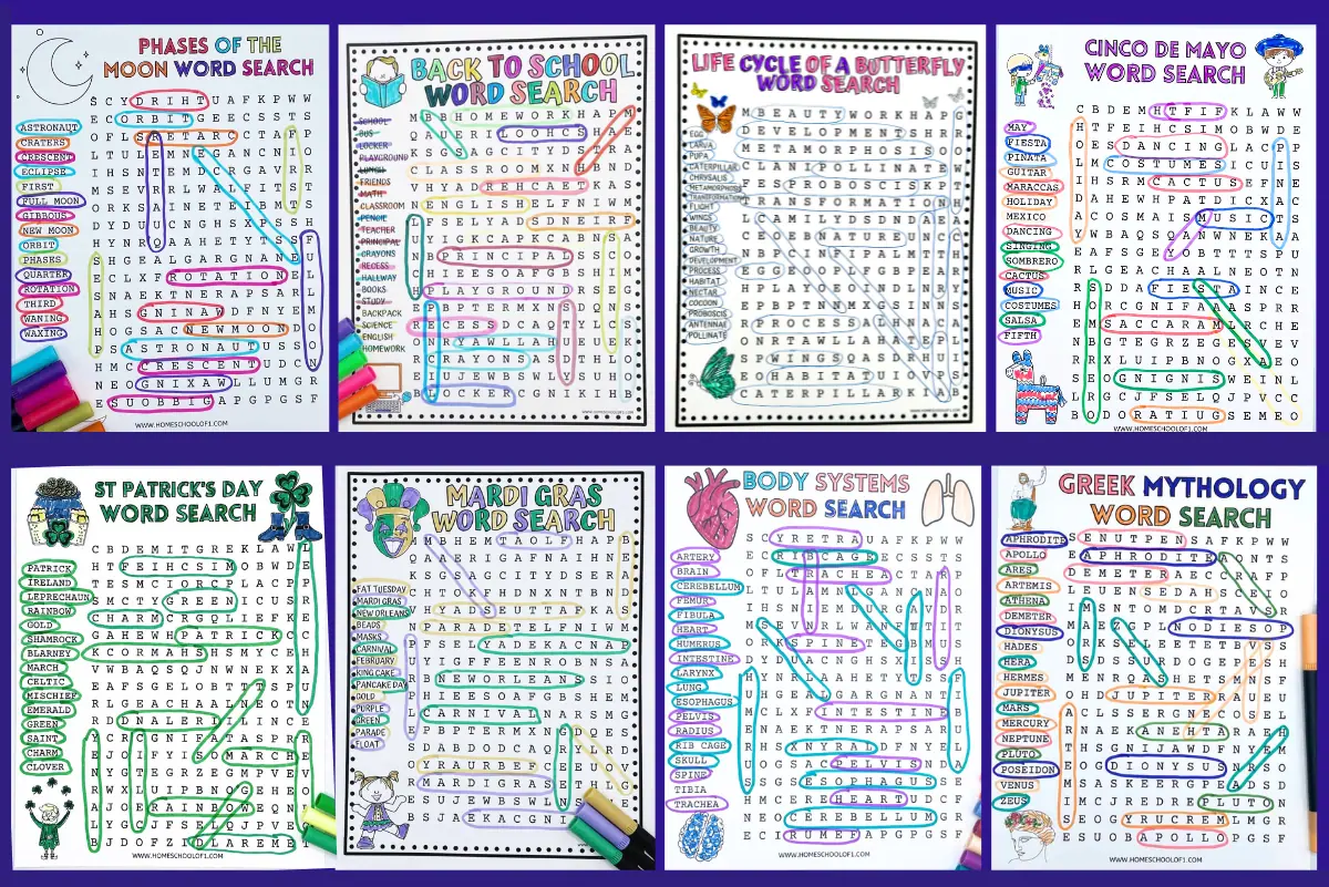 This image showcases a collection of themed word search puzzles, neatly arranged in a grid layout. Each word search has a distinct theme, such as phases of the moon, back to school, the life cycle of a butterfly, Cinco de Mayo, St. Patrick's Day, Mardi Gras, body systems, and Greek mythology. Each puzzle includes an illustrated title and colorful markers that highlight the words found. The keywords "free word search printables" will guide those interested in similar puzzles.