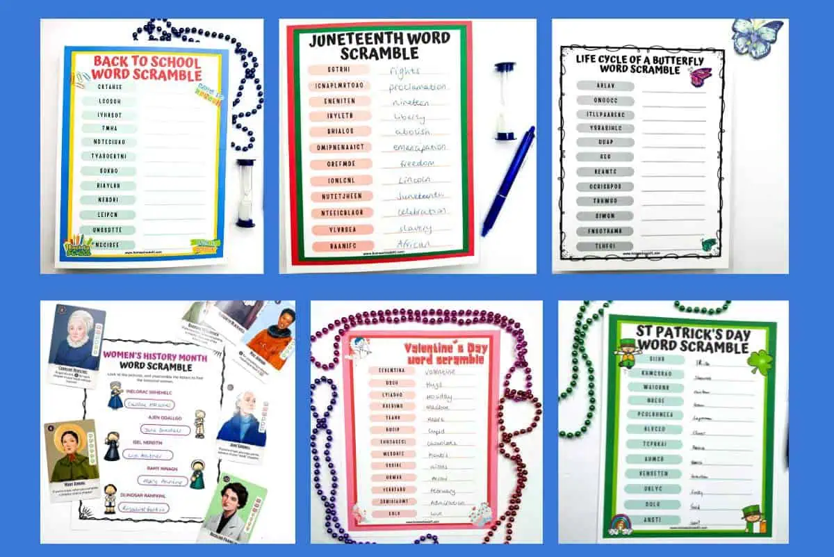 A collage of various word scramble printables for different themes, including Back to School, Juneteenth, Life Cycle of a Butterfly, Women's History Month, Valentine's Day, and St. Patrick's Day. Each printable features a list of scrambled words related to the theme.