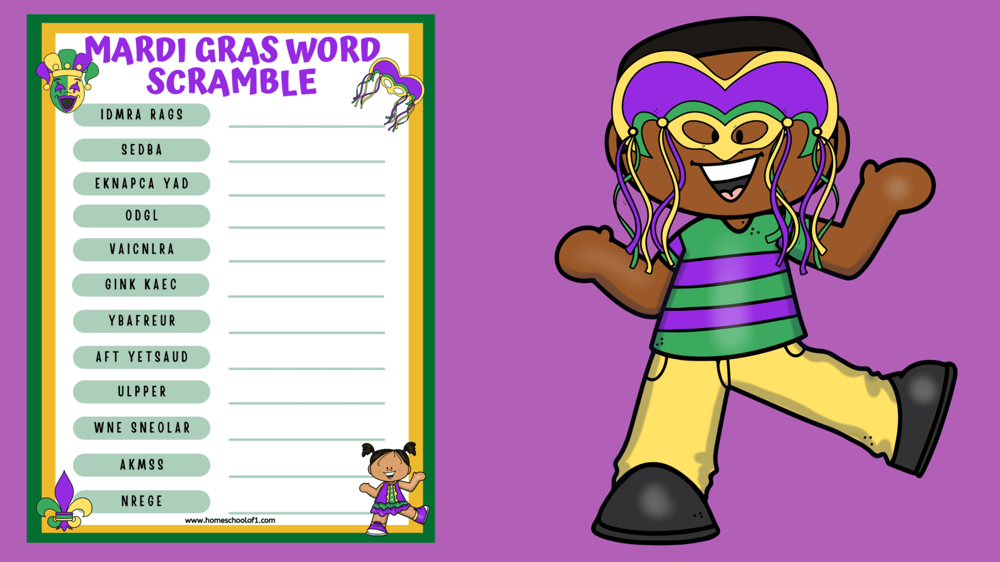 Mardi Gras Word Scramble with answers (free printable)