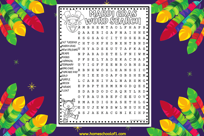 Mardi Gras Word Search free Printable 