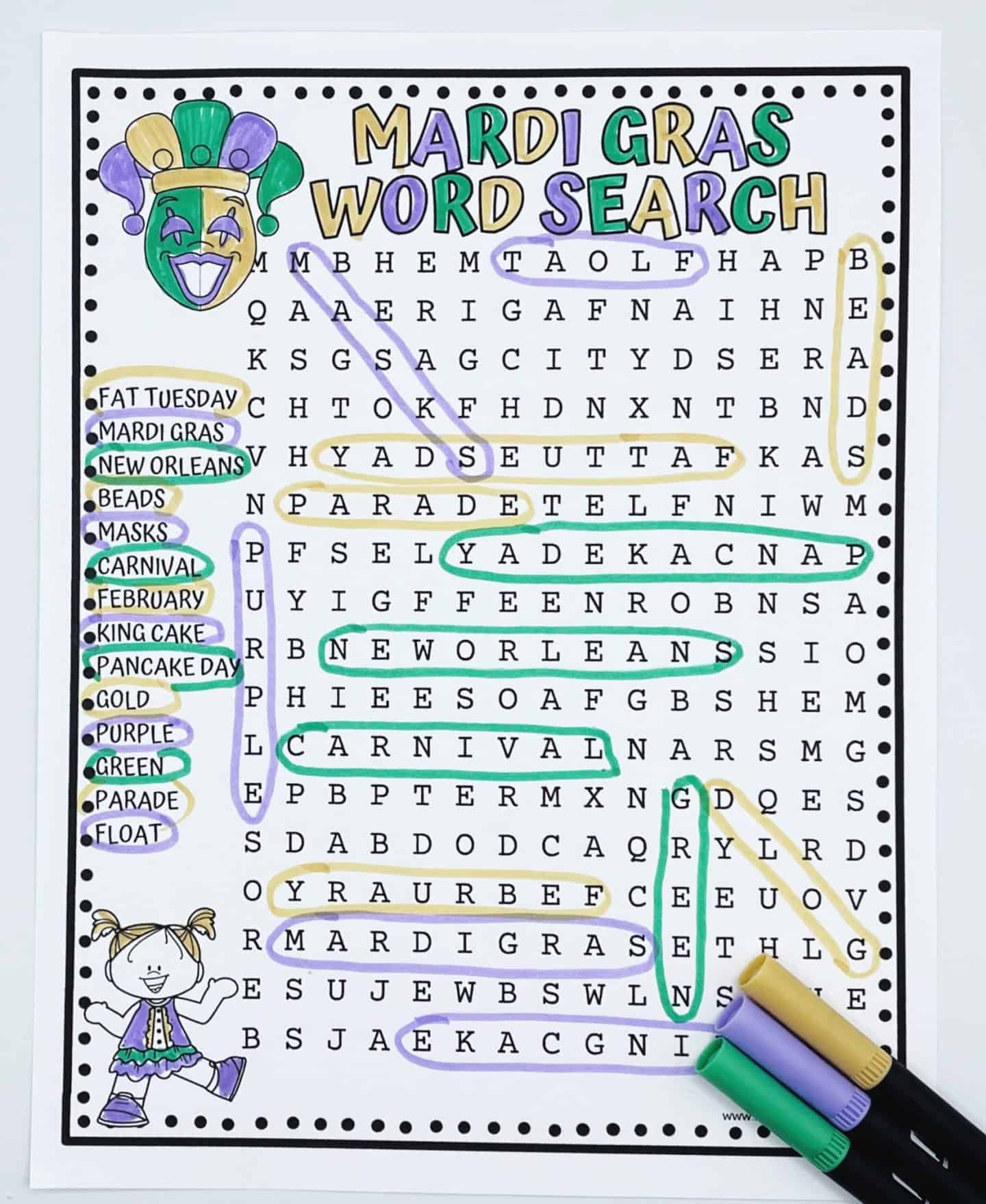 mardi gras word search answers