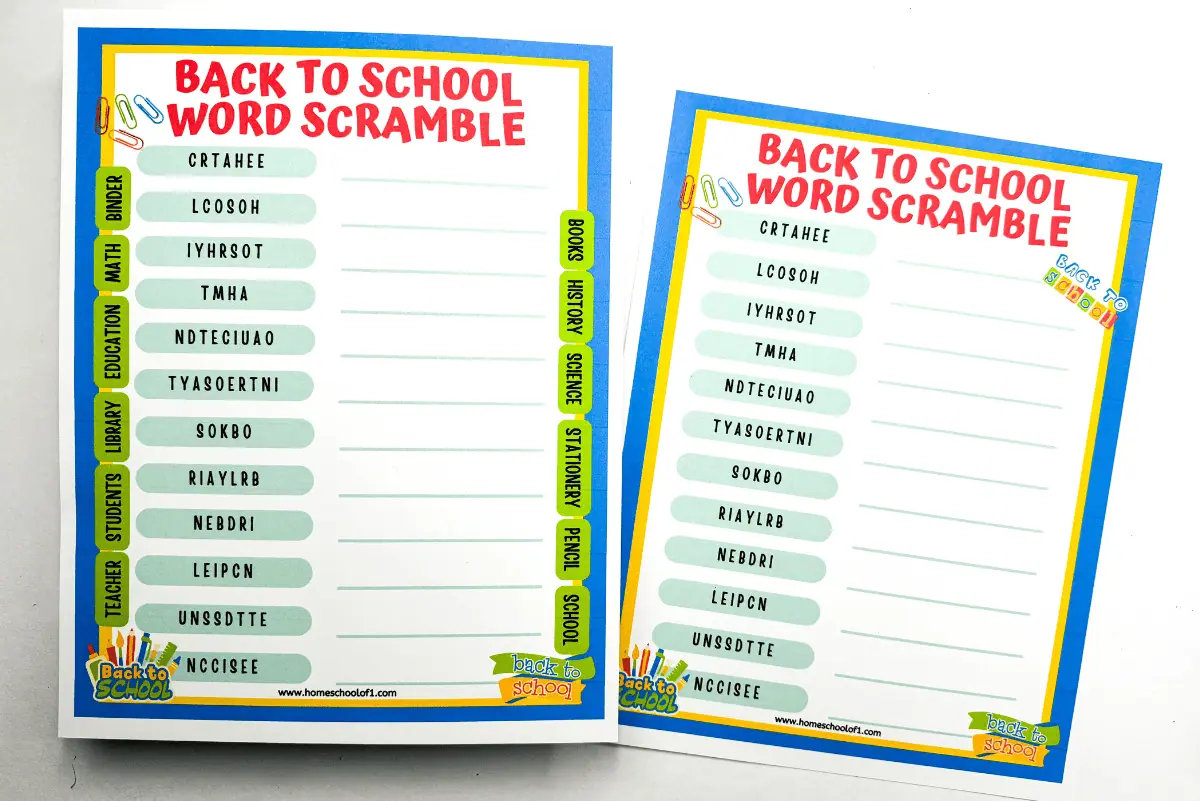 Two identical 'Back to School Word Scramble' worksheets laid out side by side, featuring scrambled educational words for students to solve, with a colorful border and school-related words like 'BOOKS,' 'PENCIL,' and 'STATIONERY' on the side tabs.