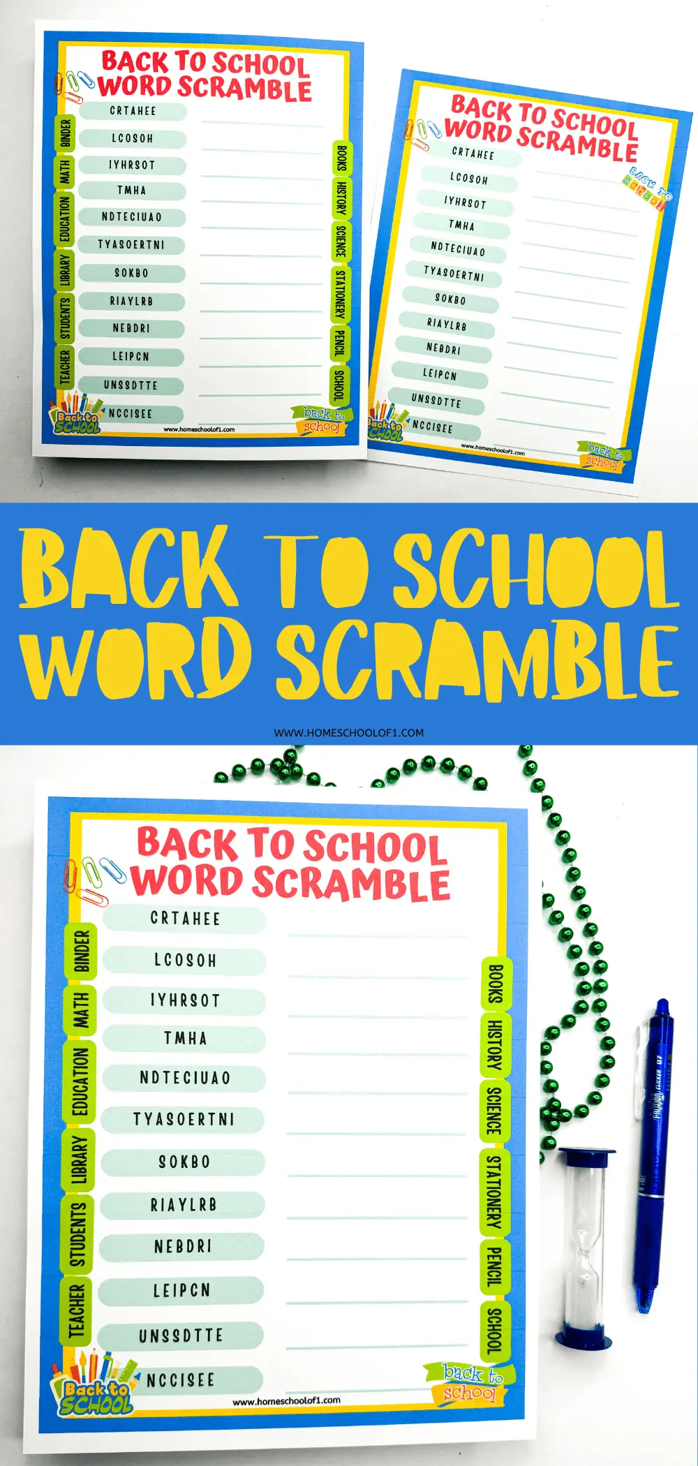 Alt text for image 1: "Printable 'Back to School Word Scramble' activity sheets with scrambled words like 'SCHOOL,' 'TEACHER,' and 'LIBRARY,' set against a blue and yellow border. The bottom of the image