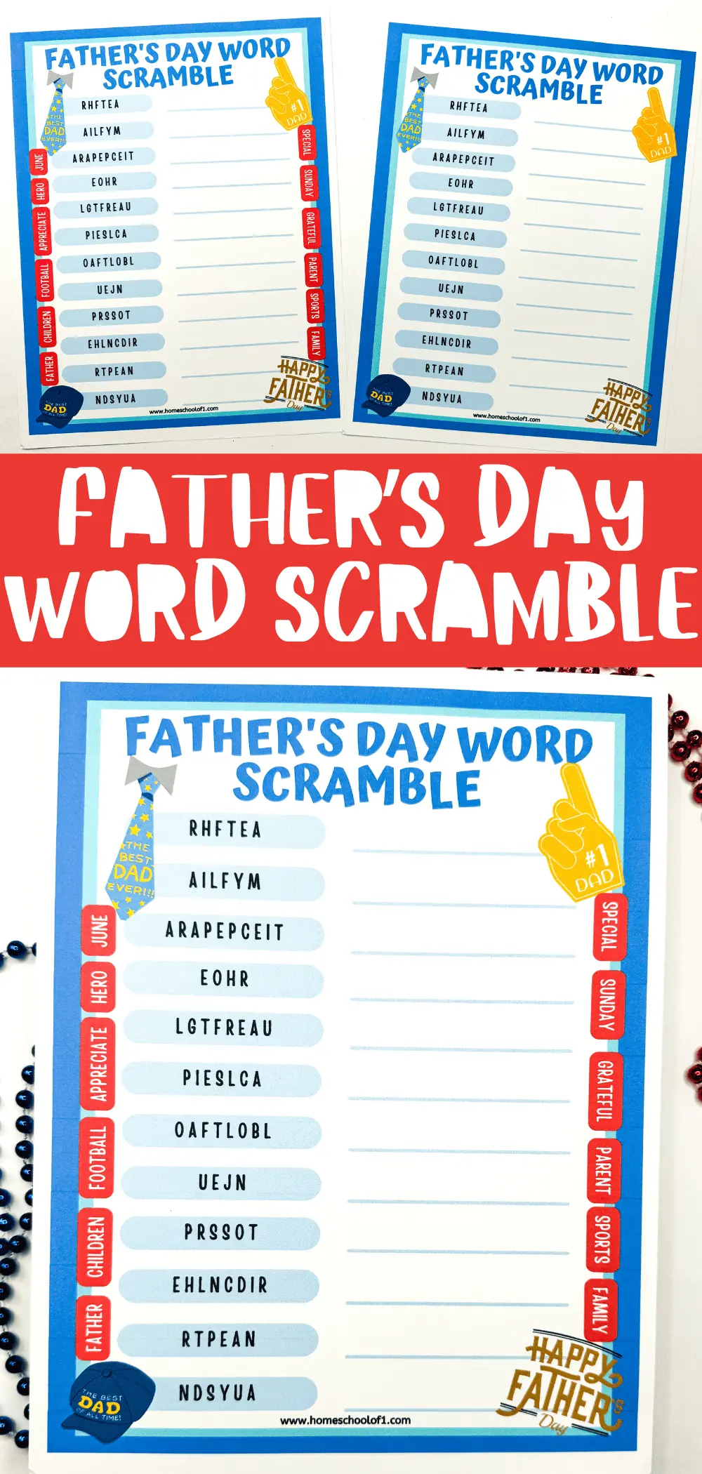 Printable Father's Day word scramble activity featuring themed words such as 'FAMILY' and 'CHILDREN', decorated with festive graphics and badges, perfect for educational fun from homeschoolof1.com