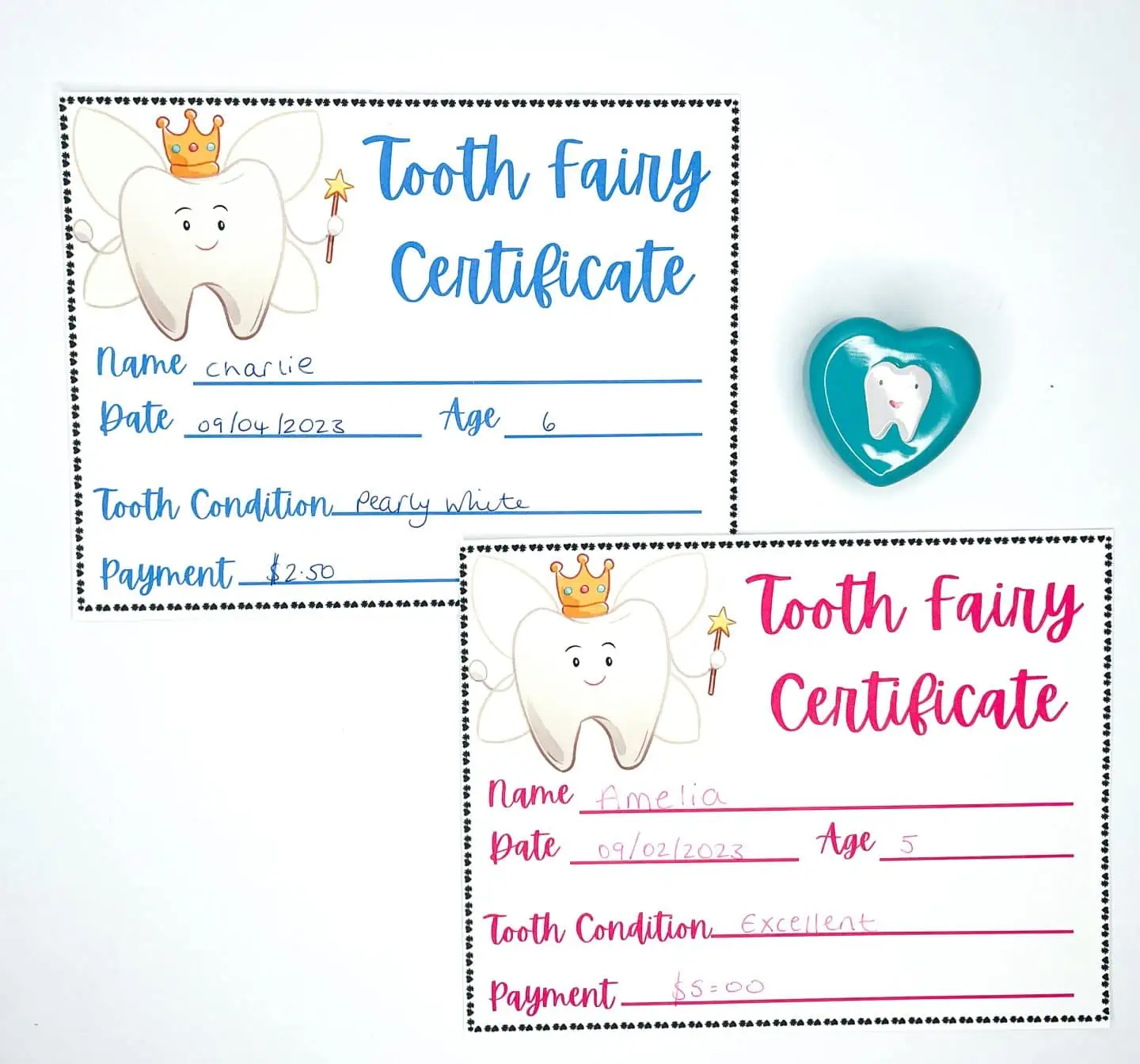 Two Tooth Fairy certificates for children named Charlie and Amelia, detailing the loss of a tooth, with fields for the child's name, date, age, tooth condition, and payment. One certificate shows a filled out example with the condition as 'pearly white' and payment of '$2.50'. Adjacent to the certificates is a Tooth Fairy box with a bright blue heart and a smiling tooth inside.