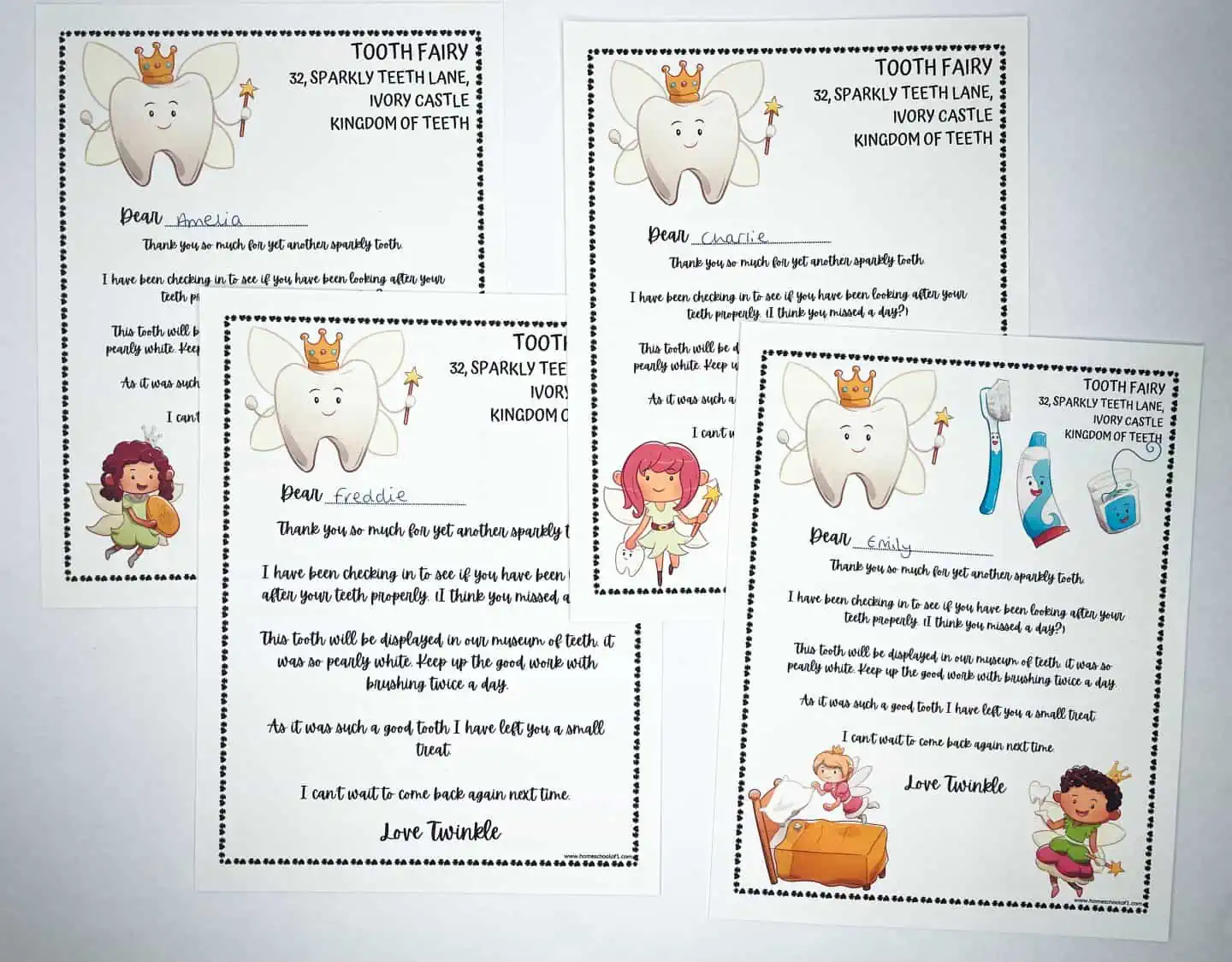 Assortment of personalized Tooth Fairy letters with a whimsical tooth character, addressed to children named Amelia, Freddie, Charlie, and Emily. Each letter, bordered by dotted lines, includes a unique message from 'Twinkle the Tooth Fairy' and charming illustrations of the Tooth Fairy, dental hygiene tools, and a tooth resting on a pillow.