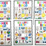 Assortment of 'Summer Bingo' cards with vibrant icons perfect for a seasonal game, including a separate 'Calling Cards' sheet for a fun family or classroom activity.