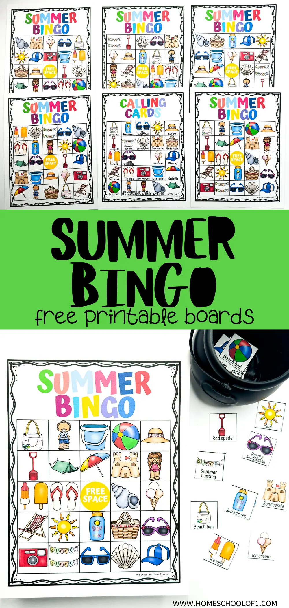 Summer Bingo free printable boards, featuring colorful illustrations of summer essentials for an enjoyable educational activity for kids.