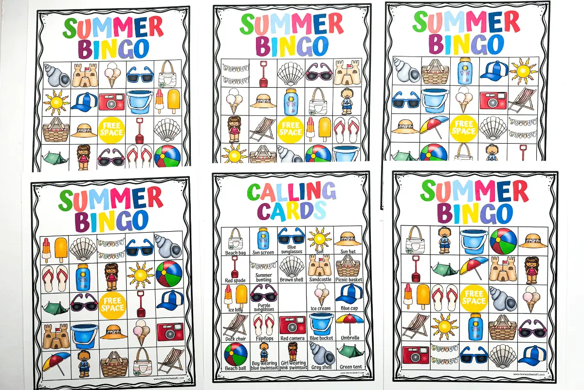 Assortment of 'Summer Bingo' cards with vibrant icons perfect for a seasonal game, including a separate 'Calling Cards' sheet for a fun family or classroom activity.