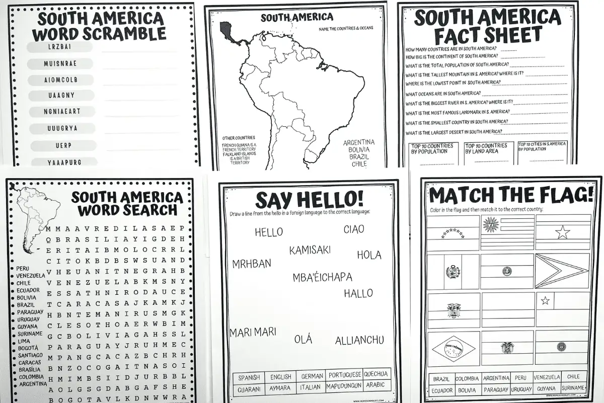 south american worksheets