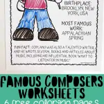 The featured worksheet shows a hand-colored cartoon caricature of Aaron Copland with birth and death dates, birthplace, and his most famous work 'Appalachian Spring'. Below, smaller previews of similar worksheets for George Gershwin, Edward Benjamin Britten, and Leroy Anderson include brief bios and fun facts. The worksheets are designed to be both educational and engaging, with a festive border of beads and colored pencils indicating the activity's creative nature.