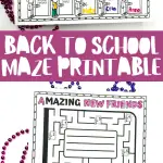 Interactive 'Back to School Maze Printable' activity sheet, designed to match classmates to their descriptions at locked doors in a school building illustration. Descriptors include 'has blue eyes' and 'went to a water park,' encouraging social learning. The worksheet is adorned with decorative beads, adding a playful touch to the educational activity