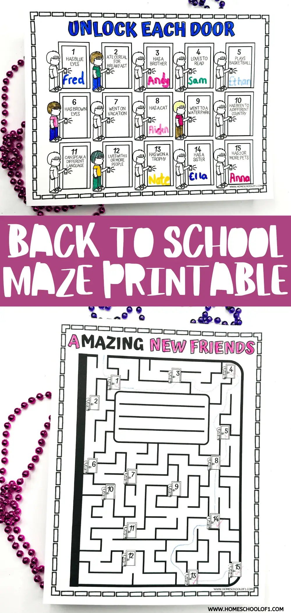 Interactive 'Back to School Maze Printable' activity sheet, designed to match classmates to their descriptions at locked doors in a school building illustration. Descriptors include 'has blue eyes' and 'went to a water park,' encouraging social learning. The worksheet is adorned with decorative beads, adding a playful touch to the educational activity