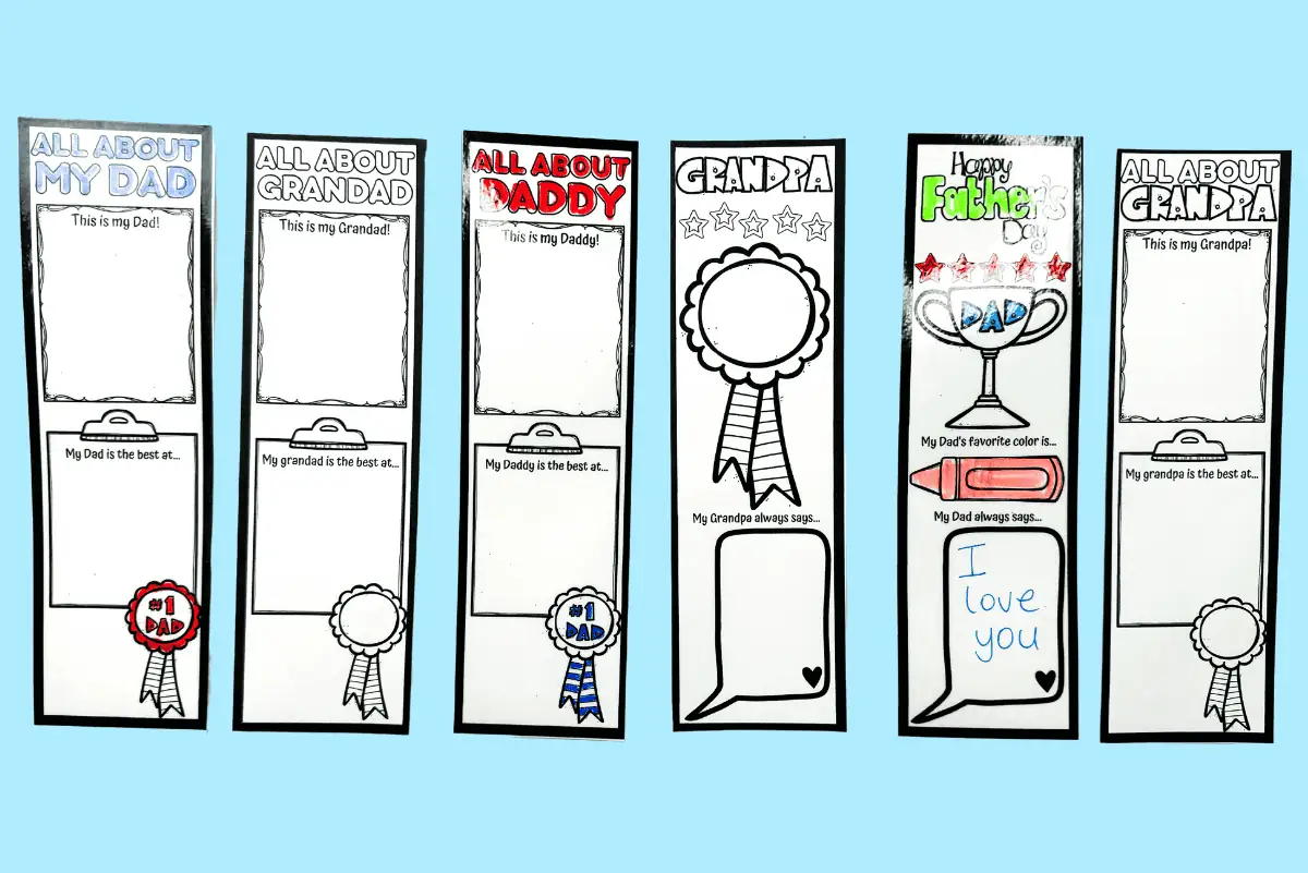 Printable Father's Day bookmarks with sections for kids to customize with facts about their dad or grandad, perfect for a personalized gift on Father's Day.