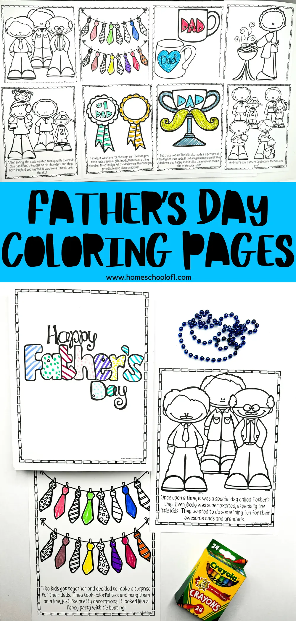 Assorted Father's Day coloring pages ready for kids to personalize with colorful drawings, featuring family portraits, festive ties, and fun 'Best Dad' awards.