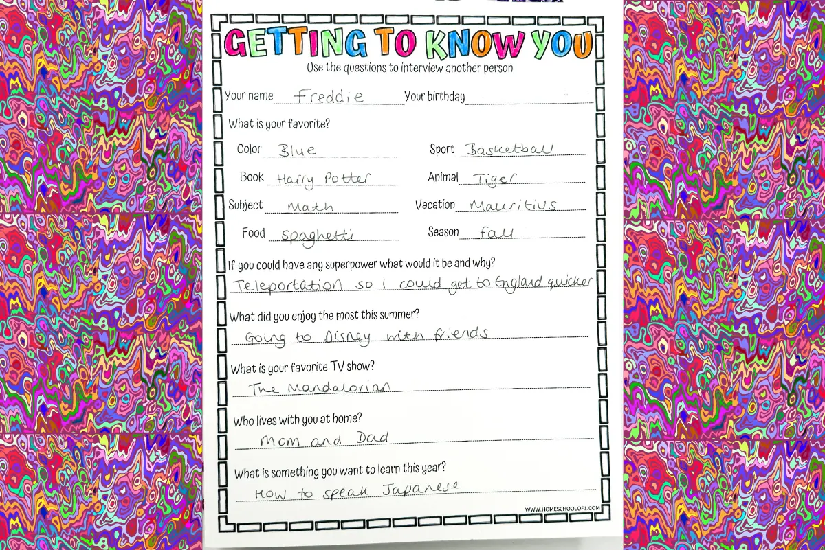 An image of a completed 'Getting to Know You' worksheet with handwritten responses by a child named Freddie, set against a vibrant, psychedelic background pattern.