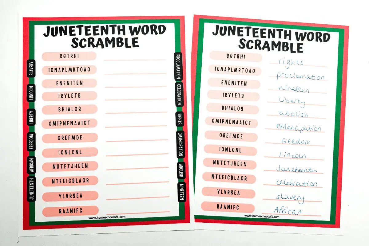 Two copies of a Juneteenth word scramble activity, one filled out with answers. The sheet includes scrambled terms related to the holiday such as 'LIBERTY' and 'EMANCIPATION', with a decorative green and red border