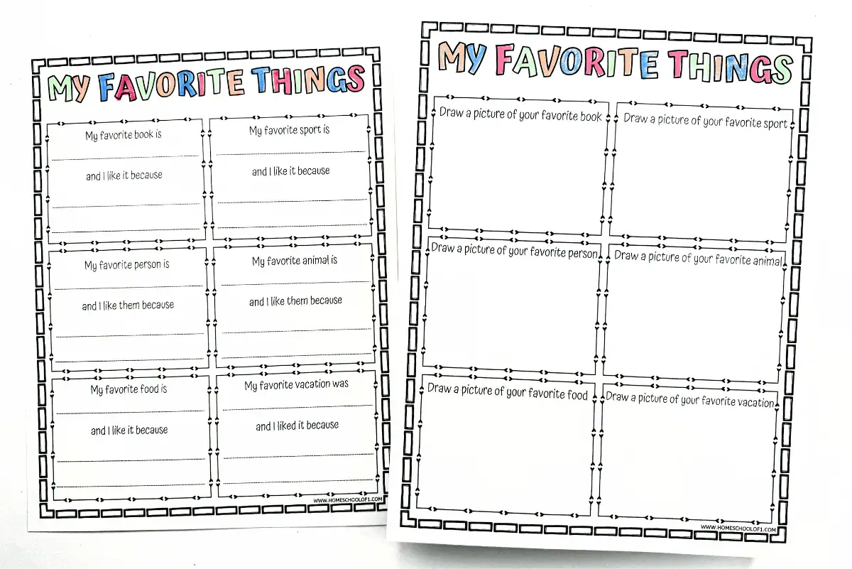 Printable black and white 'My Favorite Things' worksheet, designed for children to express their preferences in categories such as favorite book, sport, person, animal, food, and vacation, with spaces allocated for both writing and drawing