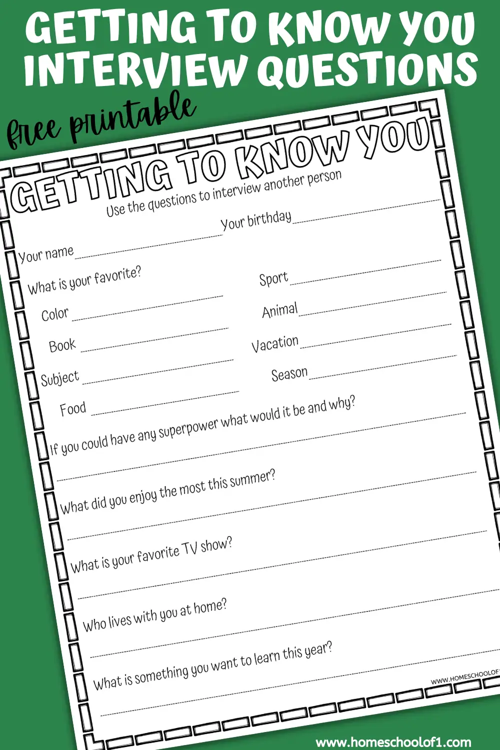 Free Getting To Know You Worksheet For Kids Homeschool Of 1