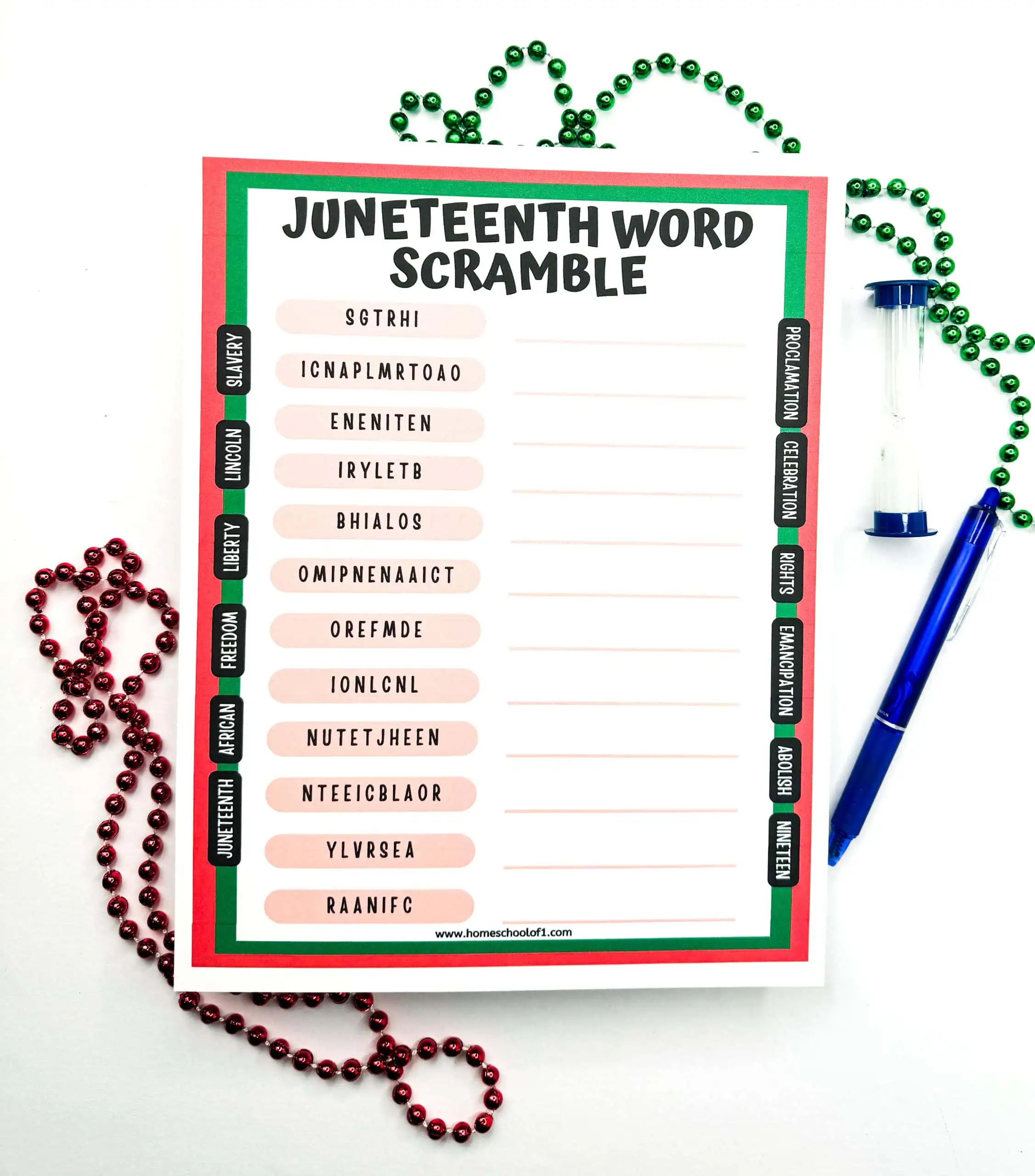 Juneteenth word scramble printable on a white background with green and red beads, and a blue sand timer, highlighting words like 'FREEDOM', 'SLAVERY', and 'LINCOLN'.